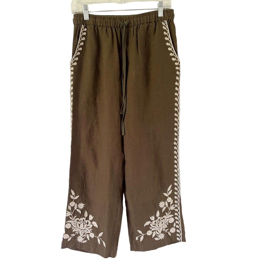 Kyla Seo Floral Embroidered Olive Green Handmade 100% Linen Pull On Pants Sz XS